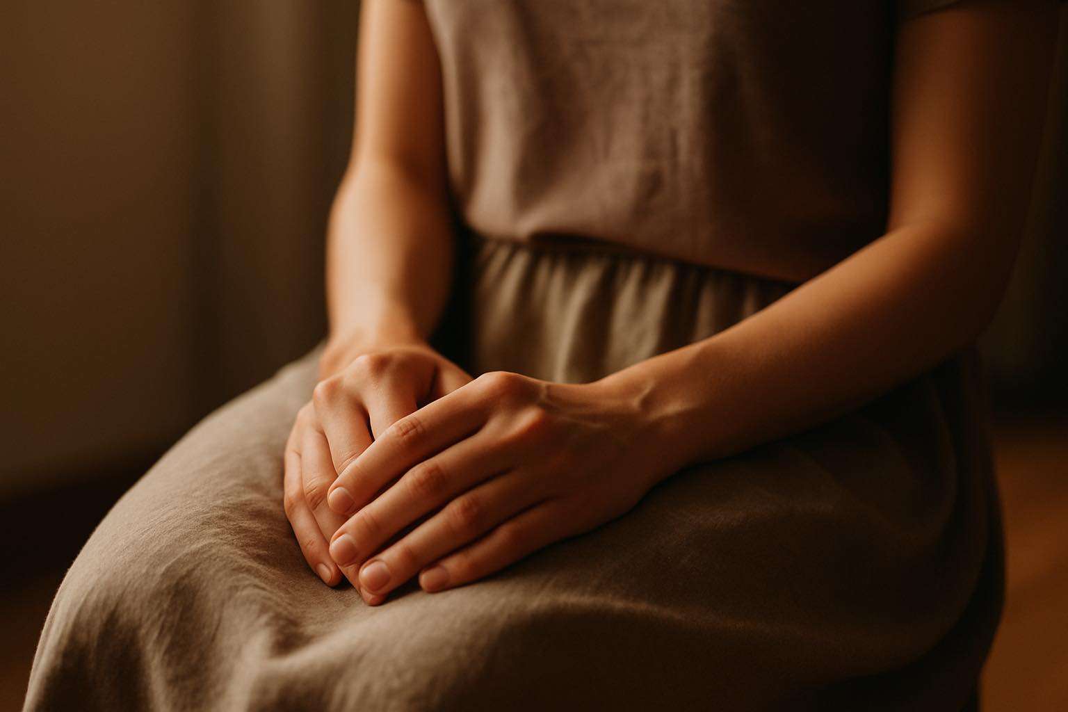 Close-up of hands clasped in lap, showing quiet emotional tension
