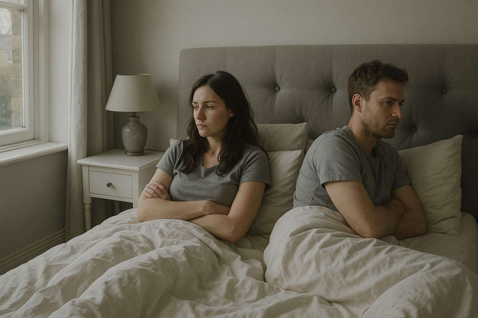 Couple lying in bed facing away from each other, feeling distant