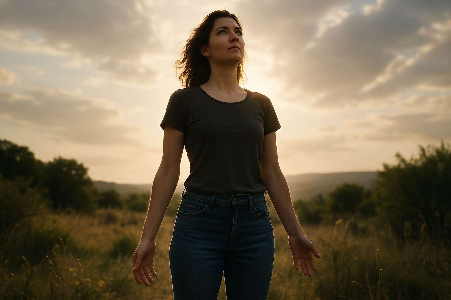 Hope and resilience after burnout Woman standing in nature with open posture and light behind her