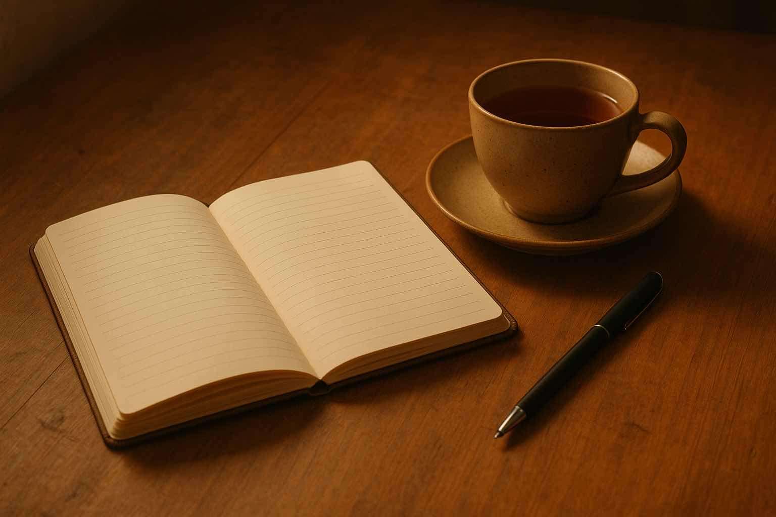 Open journal and pen next to a cup of tea, symbolising self-reflection