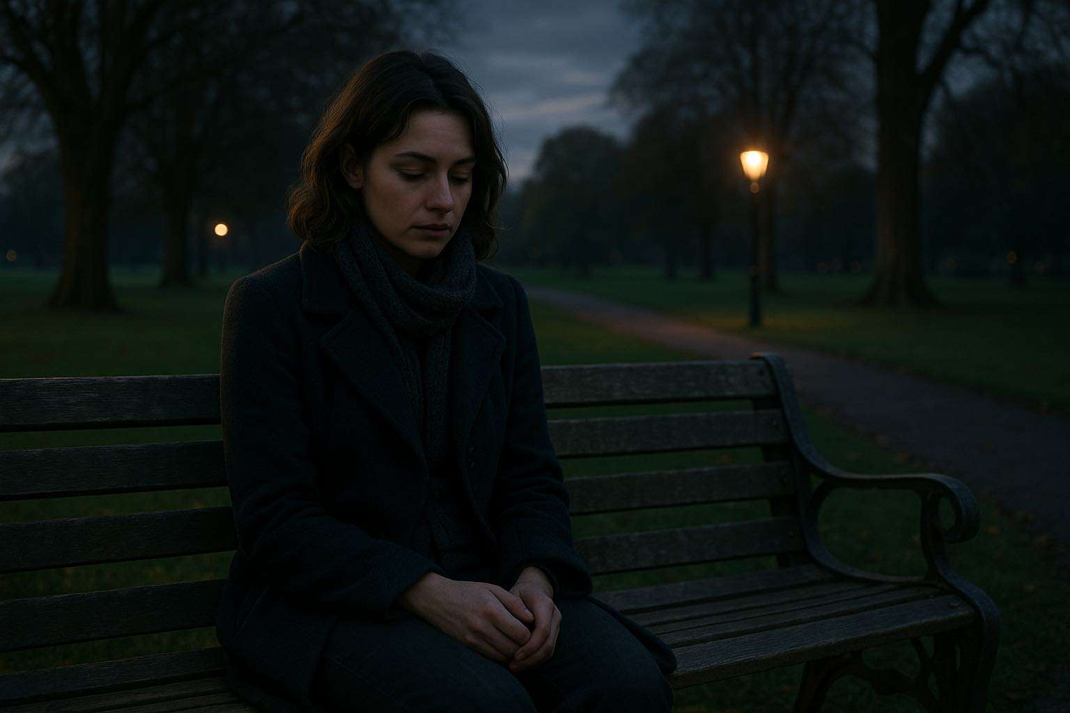Woman sitting alone on a park bench at sunset, symbolising loneliness