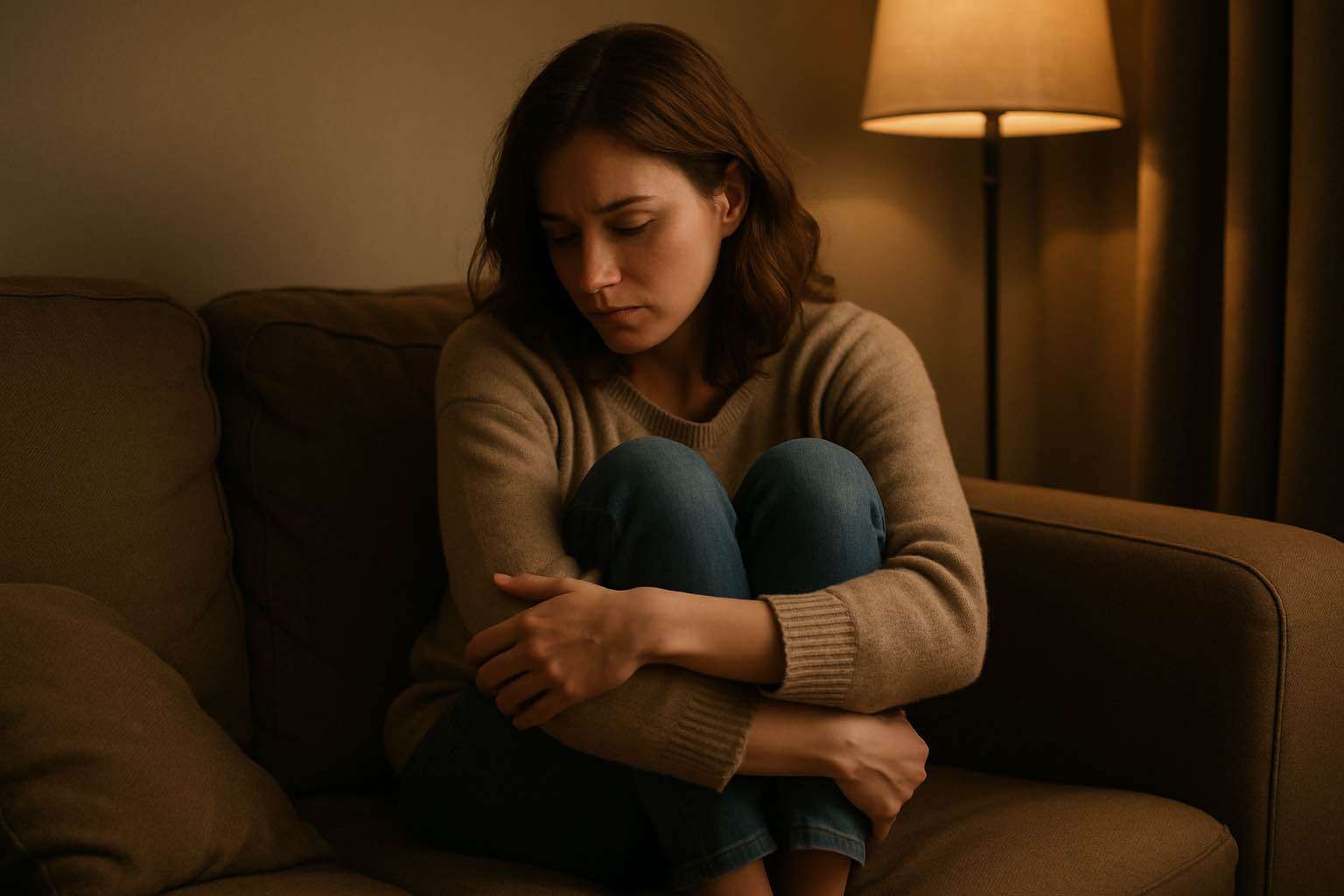 Mental exhaustion from burnout and loneliness Tired woman wrapped in blanket, curled up in emotional fatigue
