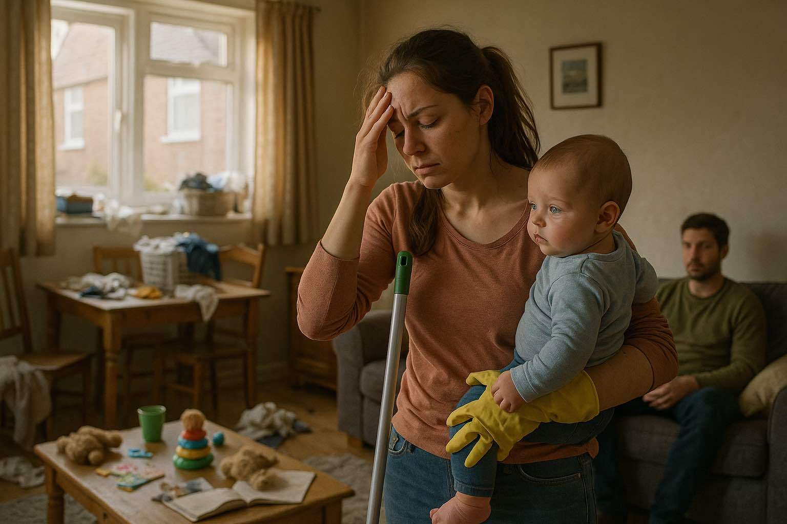 Overwhelmed mother holding baby while cleaning, partner disengaged