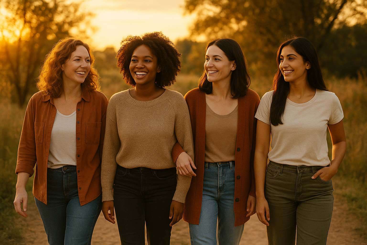 Group of women walking and talking outdoors in soft evening light