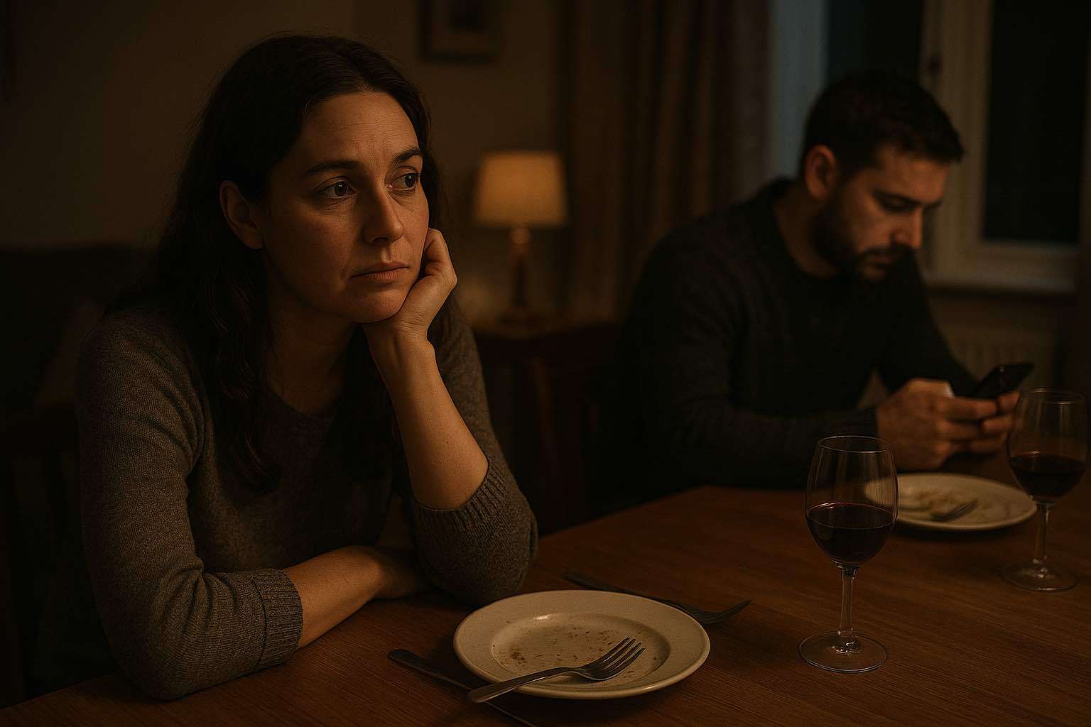 Woman staring blankly while partner looks at phone at dinner table