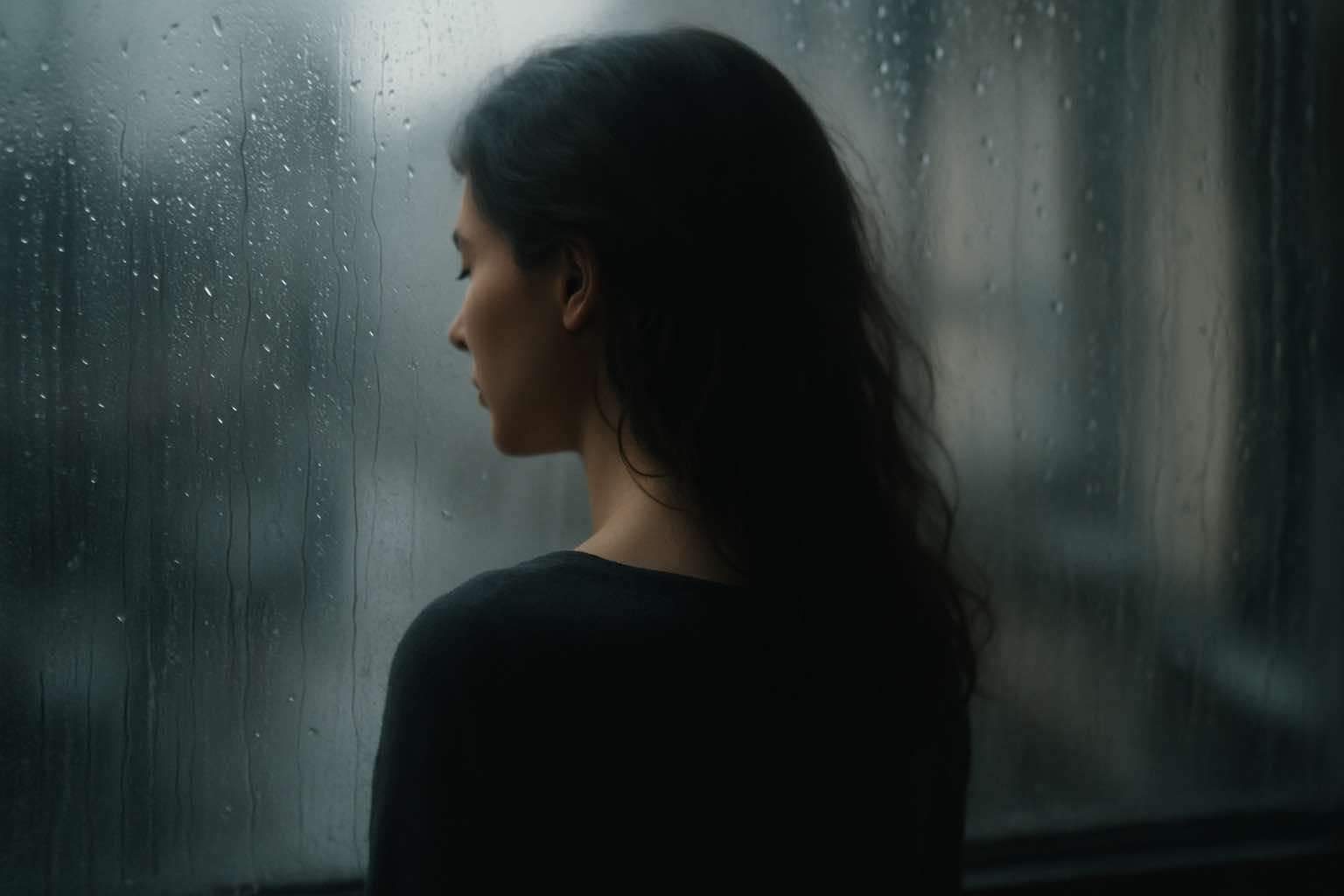 The physical toll of emotional isolation Silhouette behind a rain-speckled window, symbolising emotional isolation