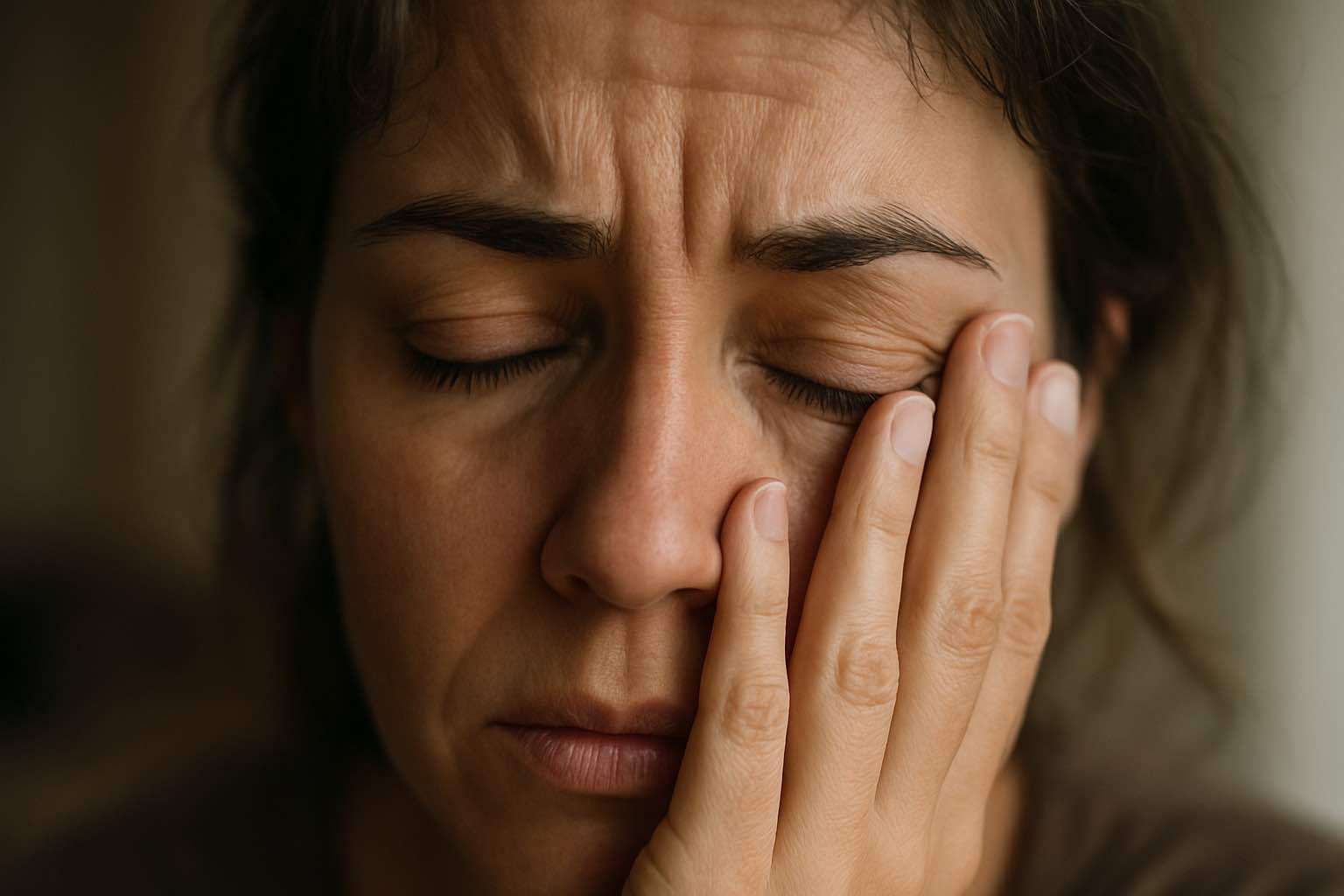 Warning signs of loneliness and burnout Close-up of weary eyes and face showing signs of emotional exhaustion