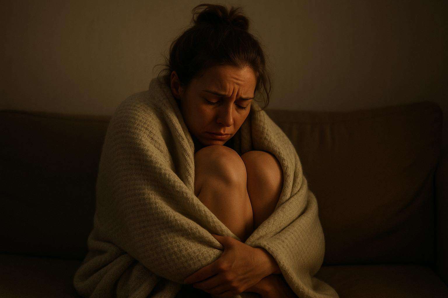 Woman curled up on sofa looking down, feeling emotionally low