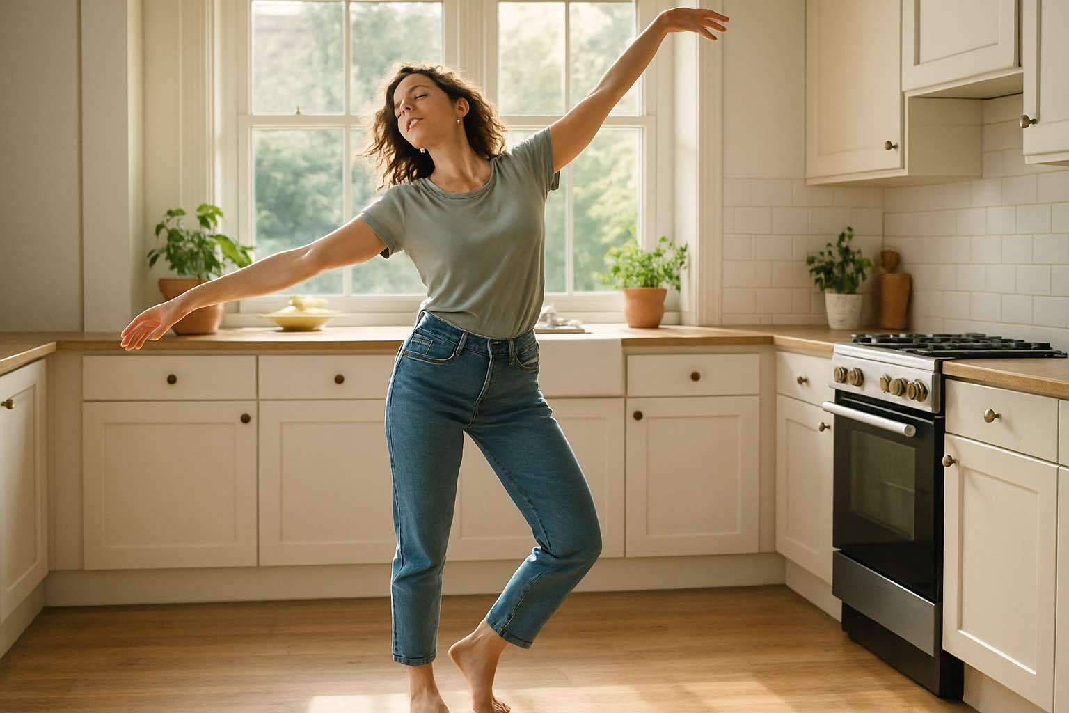 Woman dancing or stretching in a sunlit room, reconnecting with her body