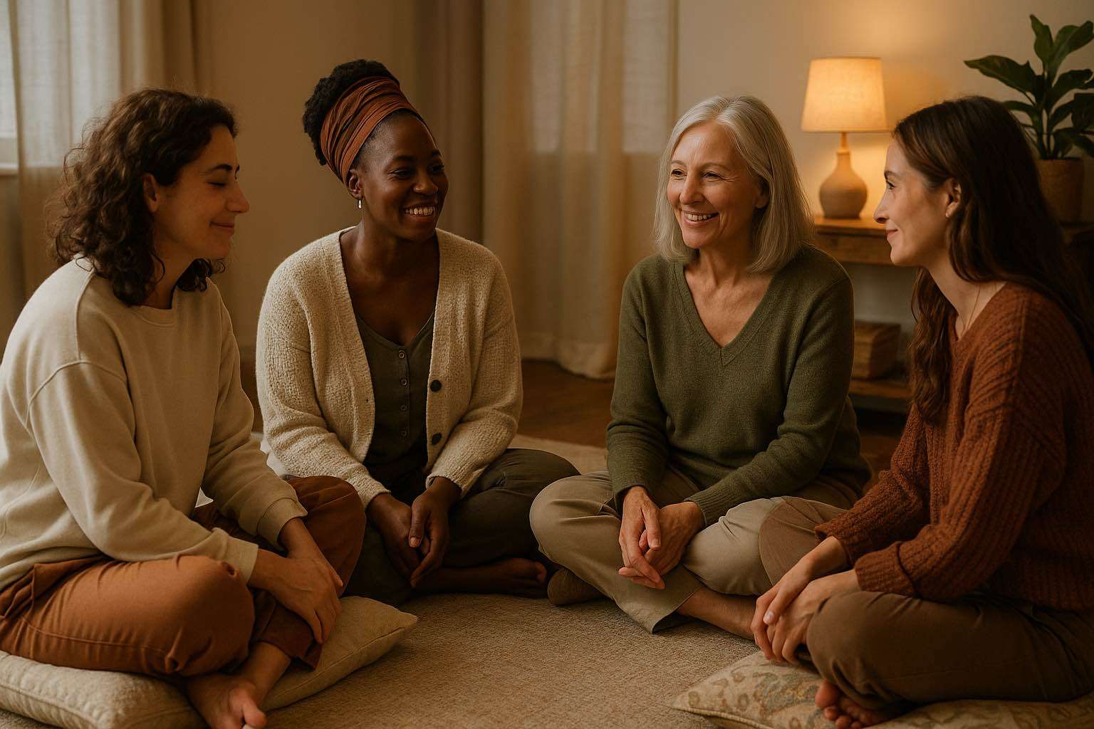 Women sitting in a circle, talking warmly in a cosy living room