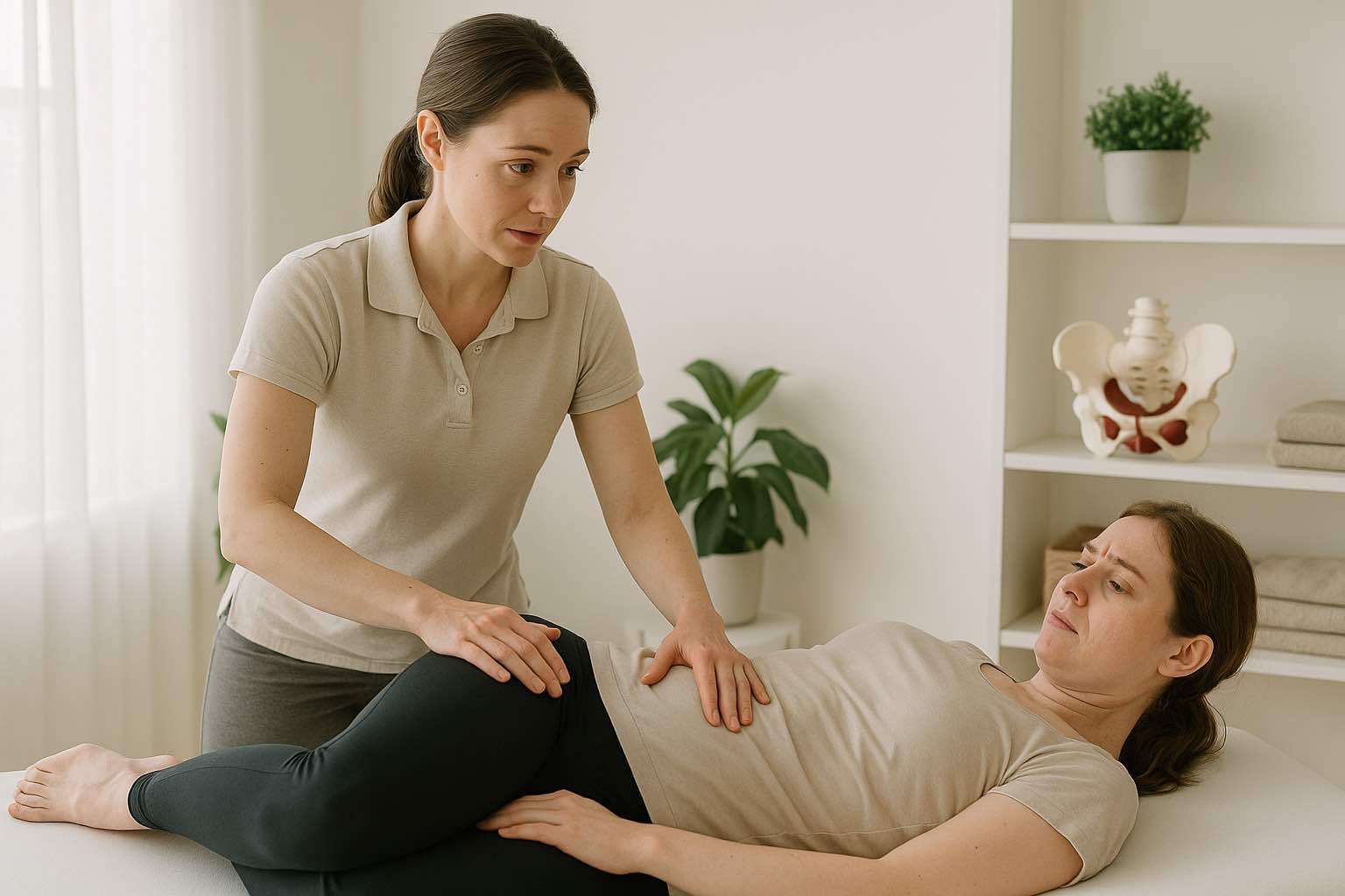 Physiotherapist providing empathetic women’s health physiotherapy treatment, showing care and reassurance.