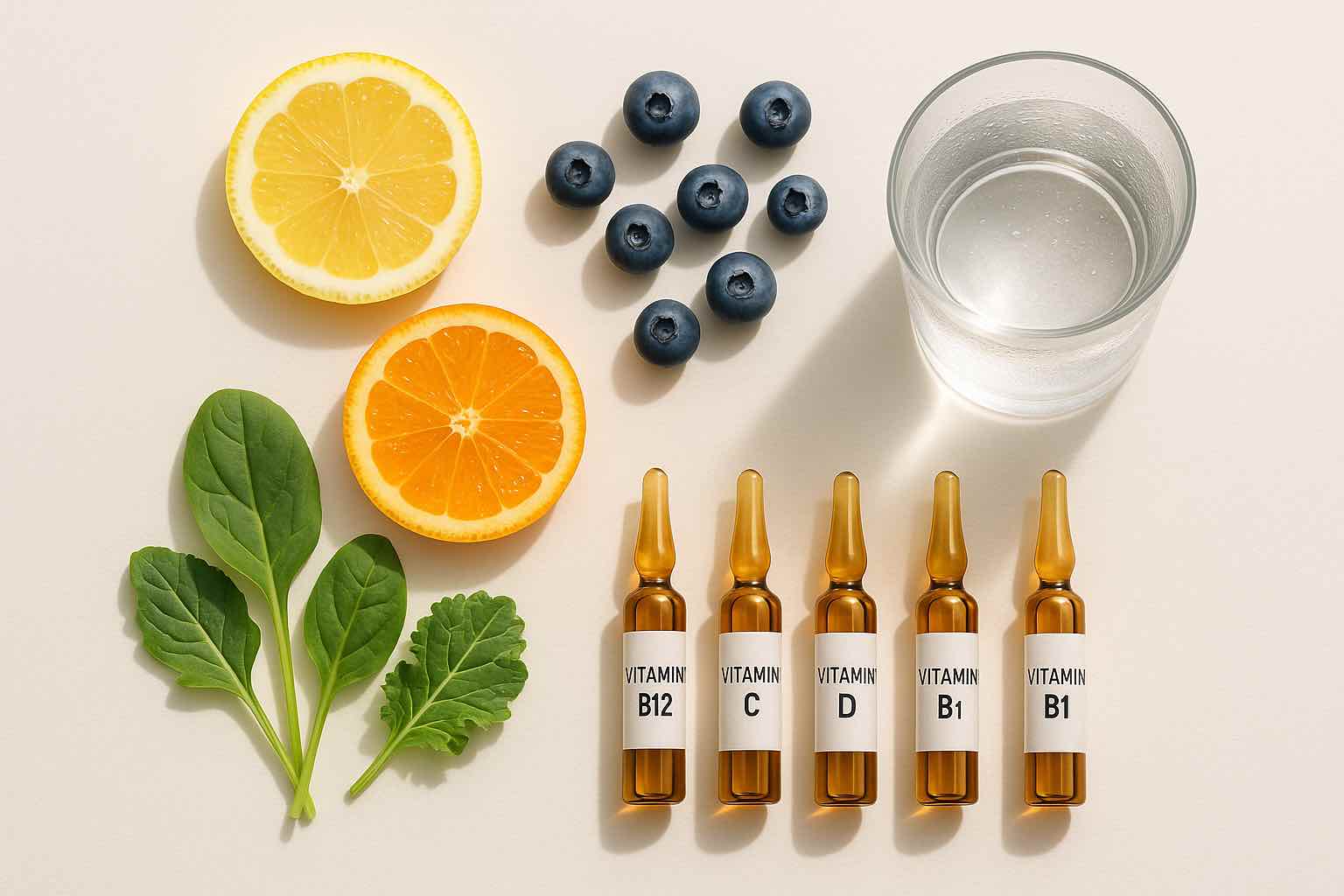 IV Nutrient Ingredients – Vitamins & Antioxidants Flat lay of vitamin ampoules, citrus fruits, and greens showing IV nutrient ingredients
