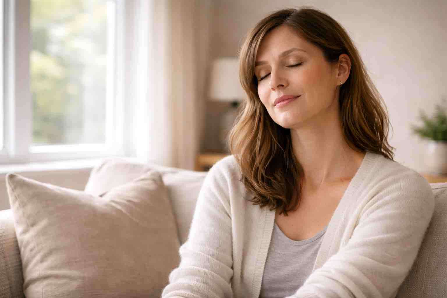 Woman sitting calmly with eyes closed practicing nervous system regulation similar to Havening therapy