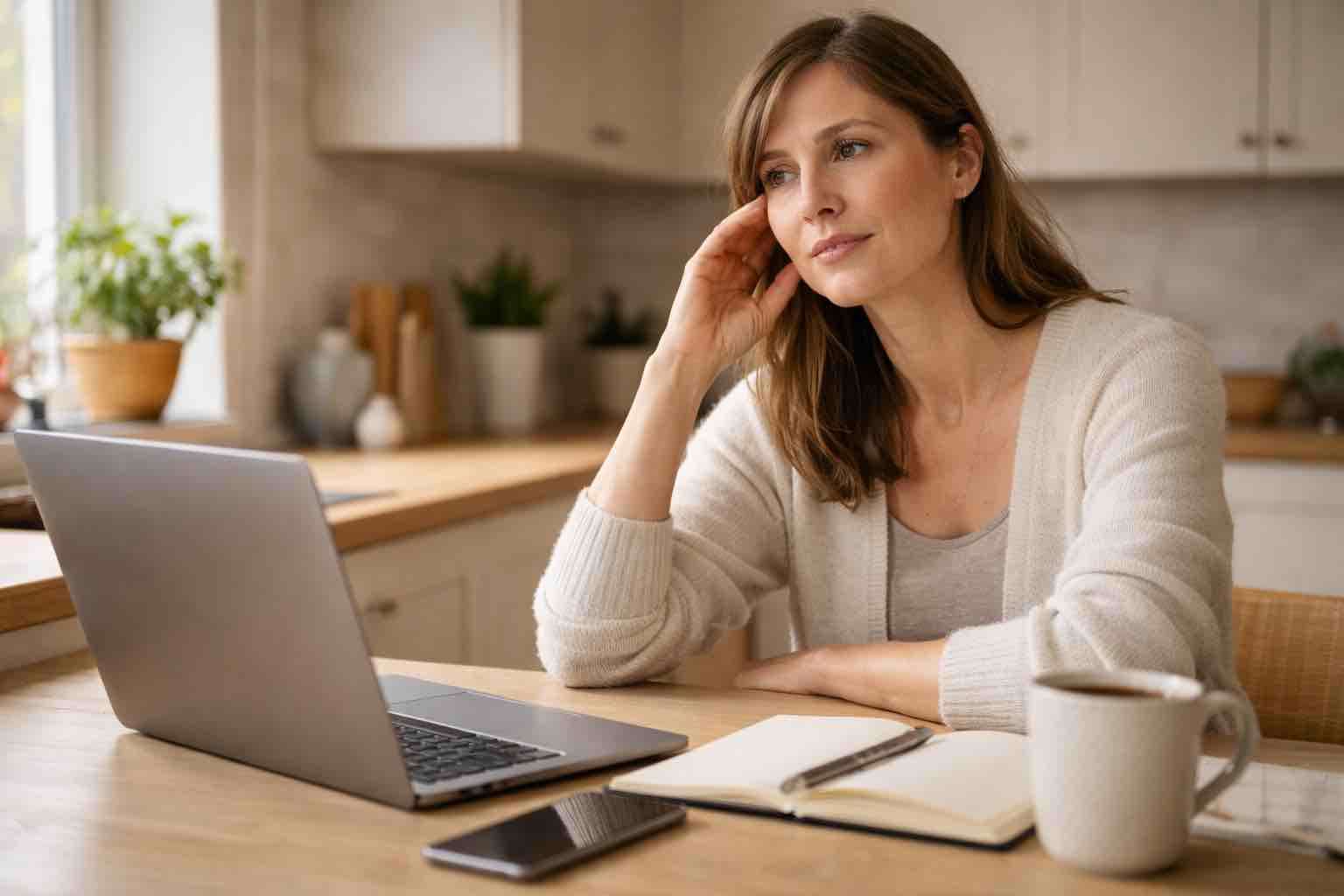 Woman sitting at kitchen table with laptop looking thoughtful and overwhelmed