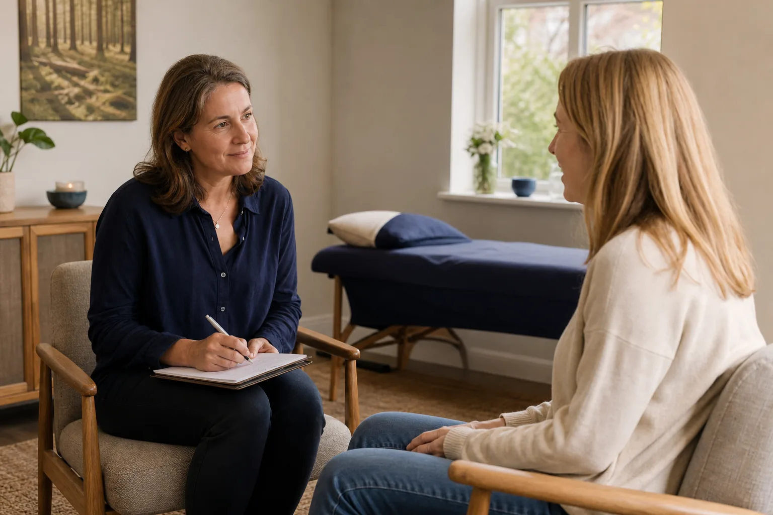 Cranial Sacral Therapy Consultation in Surrey Woman discussing Cranial Sacral Therapy with a female practitioner in a calm Surrey clinic