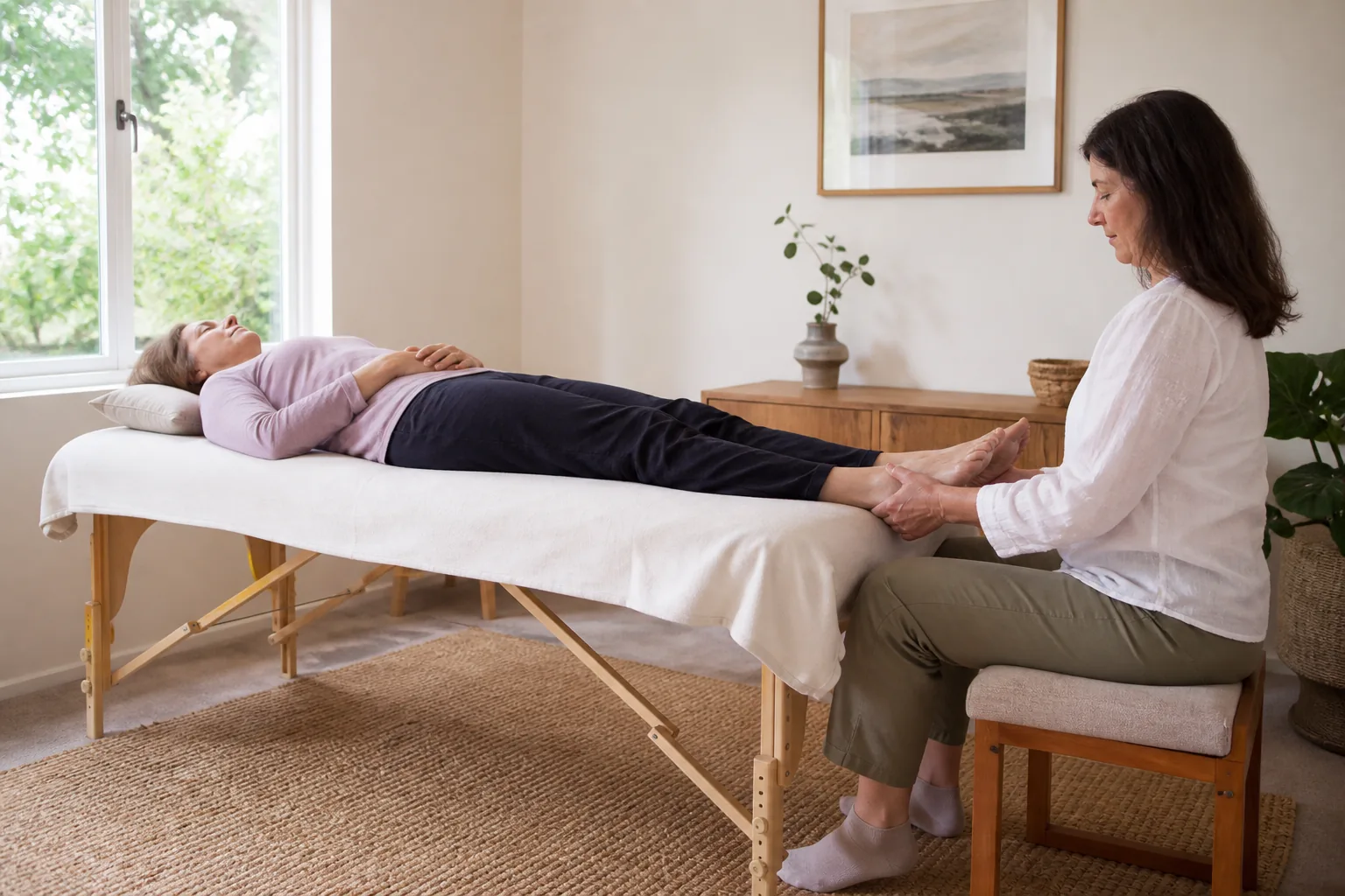 Cranial Sacral Therapy Gentle Full-Body Treatment Practitioner gently holding a woman’s heels during a Cranial Sacral Therapy session