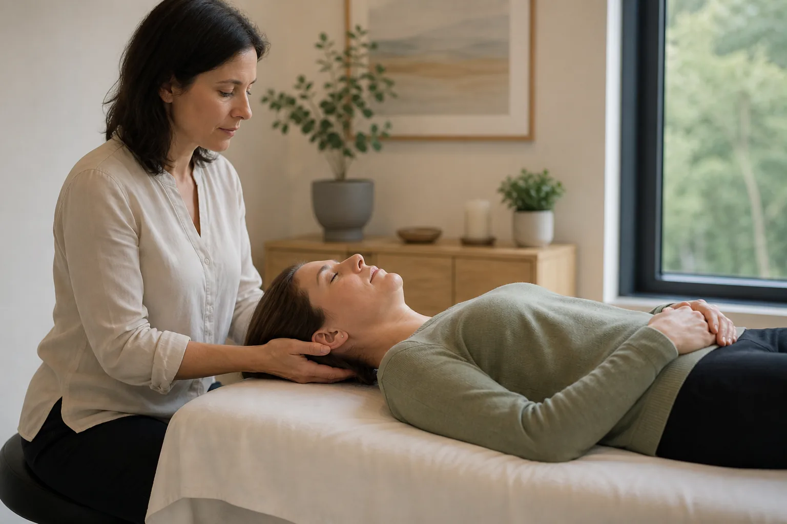 Cranial Sacral Therapy Gentle Head and Neck Touch Practitioner using a gentle Cranial Sacral Therapy hold at the base of a woman’s skull