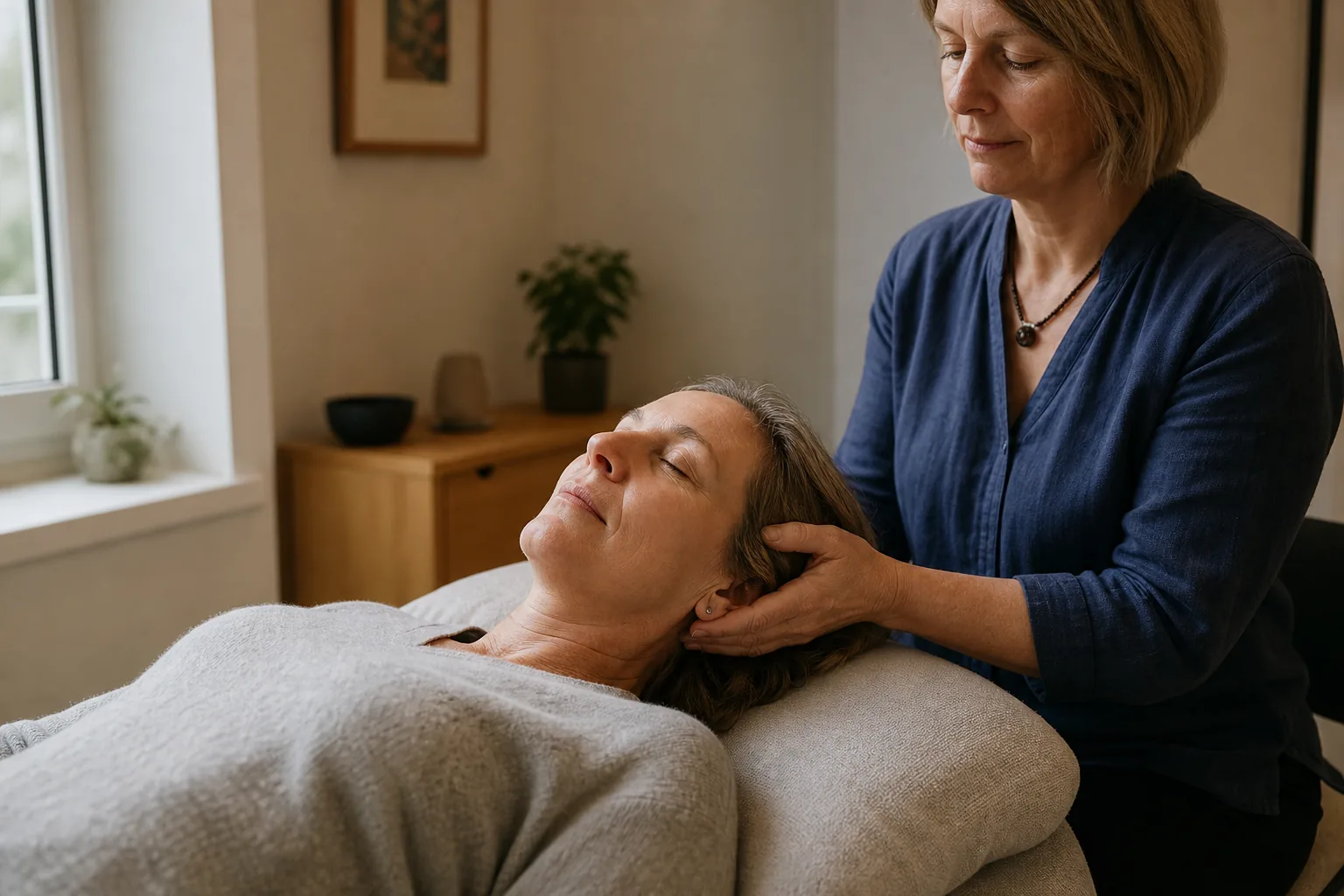 Cranial Sacral Therapy for Nervous System Regulation Woman relaxing during gentle Cranial Sacral Therapy to support nervous system regulation