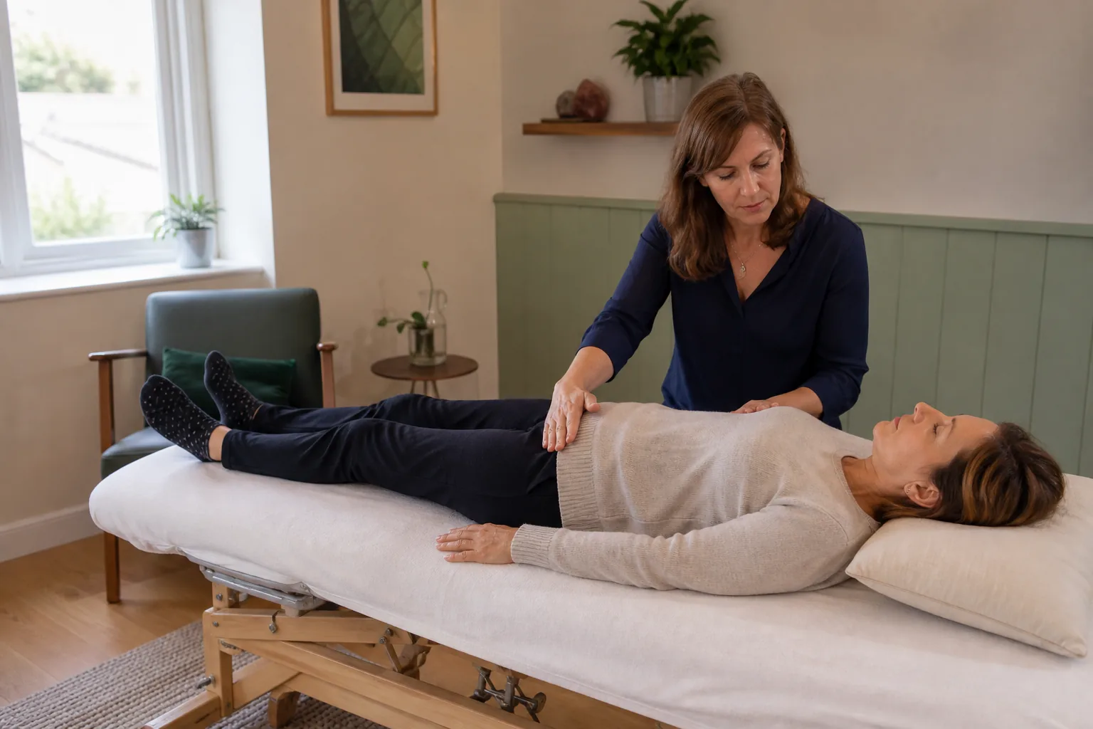 Cranial Sacral Therapy Whole-Body Assessment in Surrey Practitioner using gentle light touch during a whole-body Cranial Sacral Therapy assessment