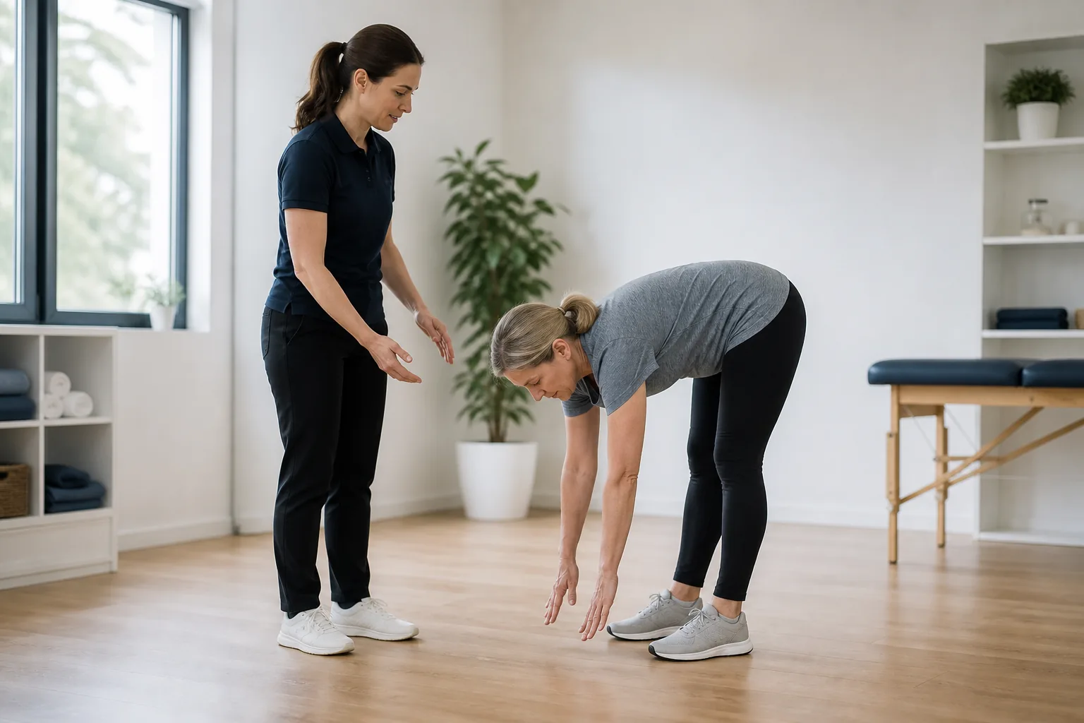 MSK Physiotherapy Movement Assessment in Surrey Woman completing a standing movement assessment with guidance from an MSK physiotherapist