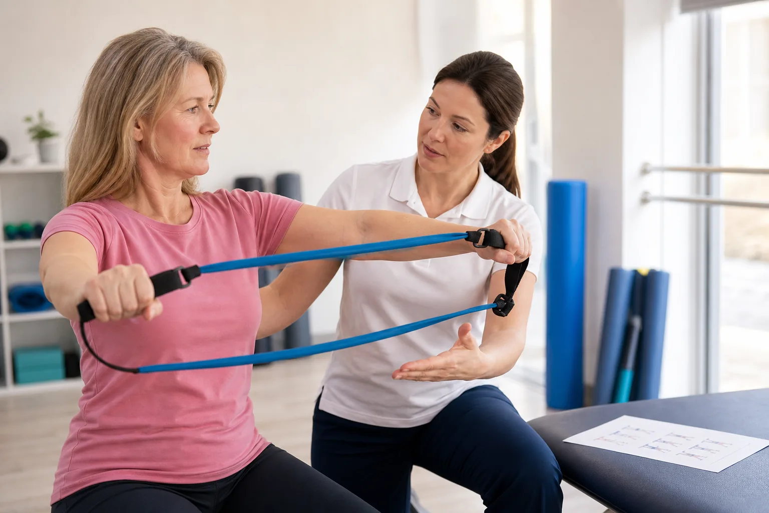 MSK Physiotherapy Personalised Exercise Rehabilitation Woman doing a resistance-band exercise with guidance from an MSK physiotherapist