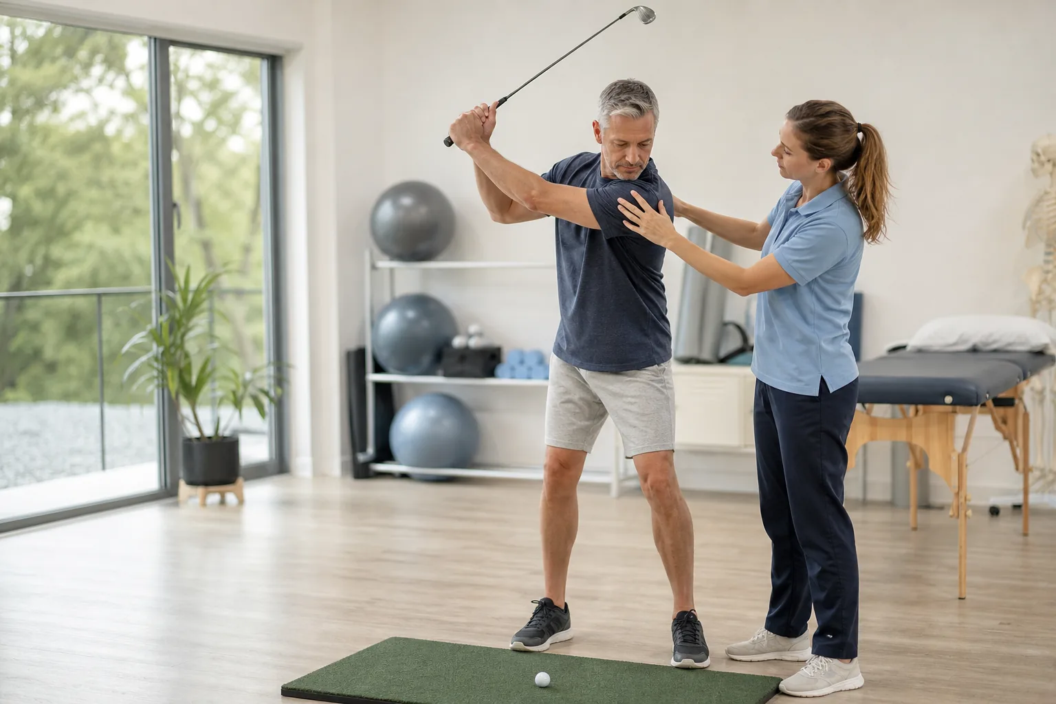 MSK Physiotherapy Return to Golf Rehabilitation Man practising a gentle golf swing during shoulder rehabilitation with a physiotherapist