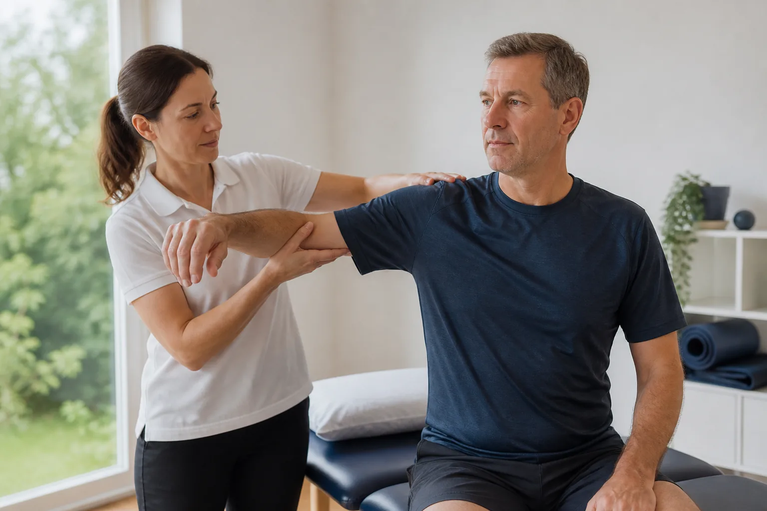 MSK Physiotherapy Shoulder Assessment Man having shoulder movement assessed by a musculoskeletal physiotherapist