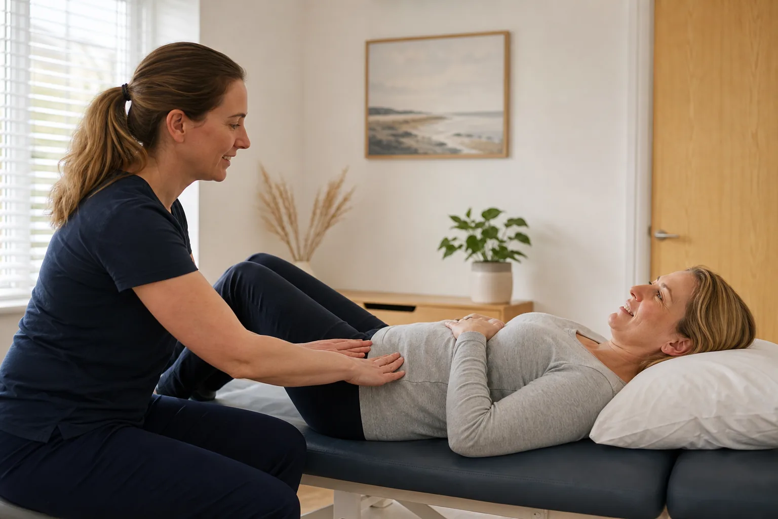 Mummy MOT Abdominal and Core Assessment Postpartum mother having a gentle clothed abdominal and core assessment with a physiotherapist
