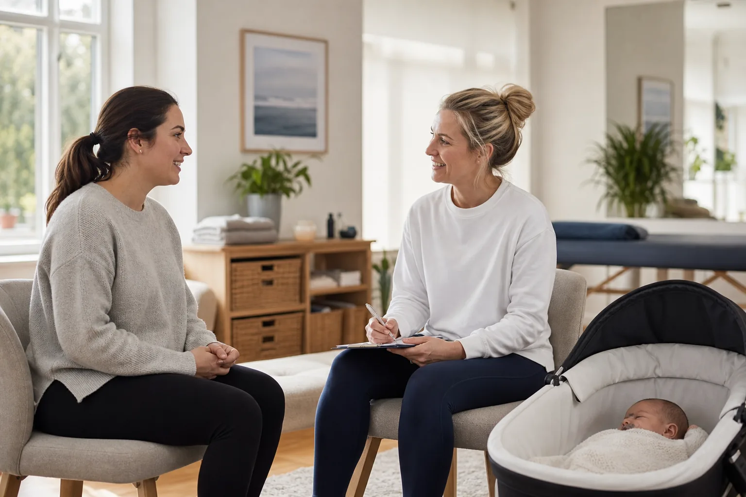 Mummy MOT Postnatal Consultation in Surrey New mother discussing postnatal recovery with a women’s health physiotherapist in Surrey