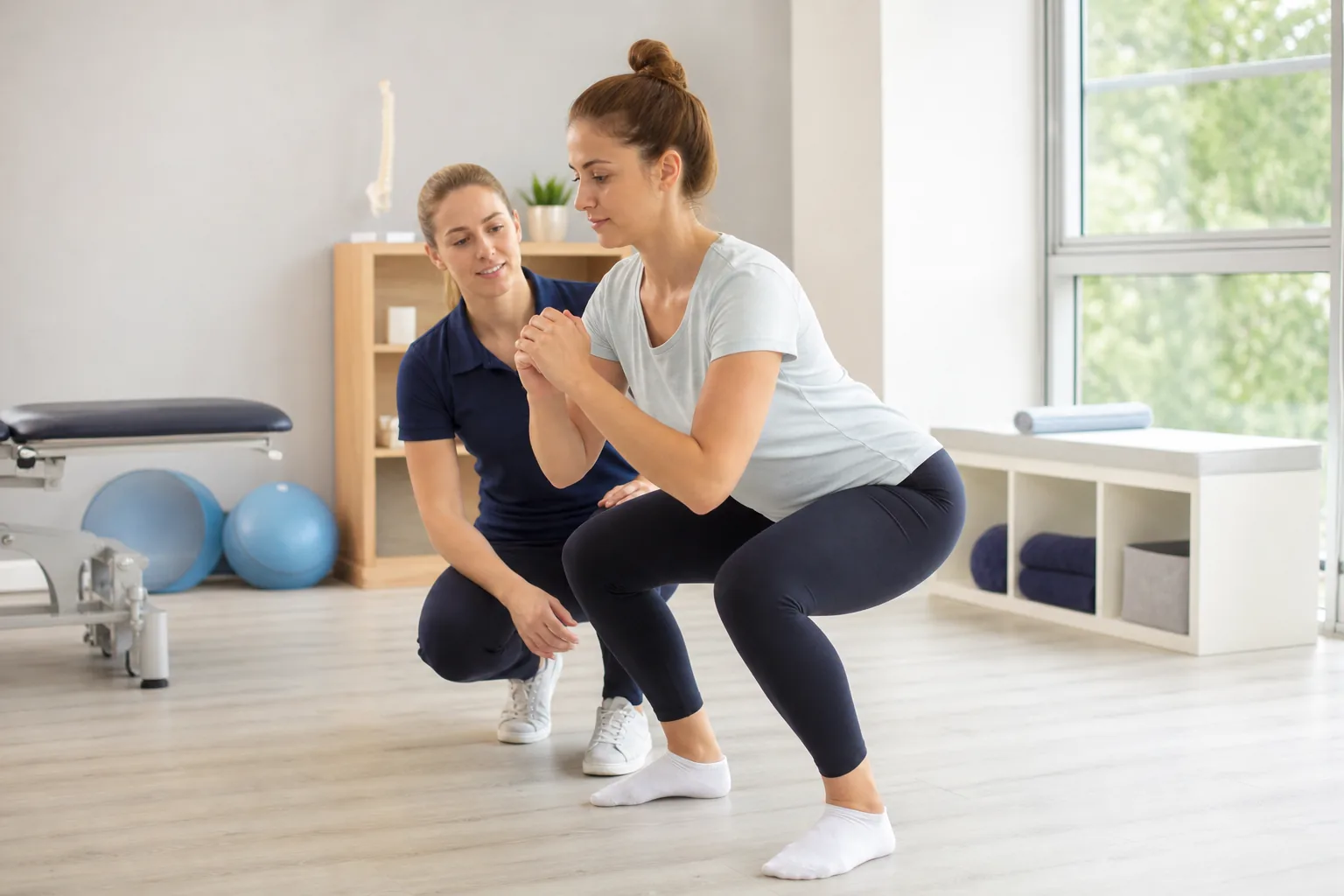 Mummy MOT Return to Exercise Physiotherapy Postpartum mother doing a controlled squat with guidance from a women’s health physiotherapist