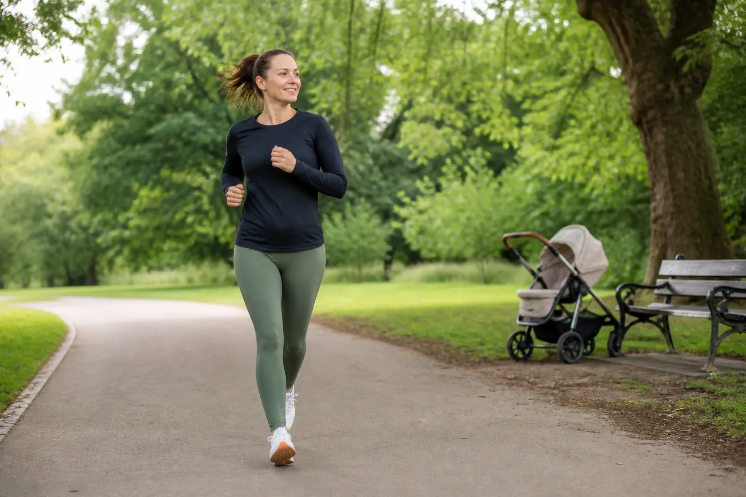Mummy MOT Return to Running in Surrey Mother returning confidently to gentle running on a leafy Surrey park path
