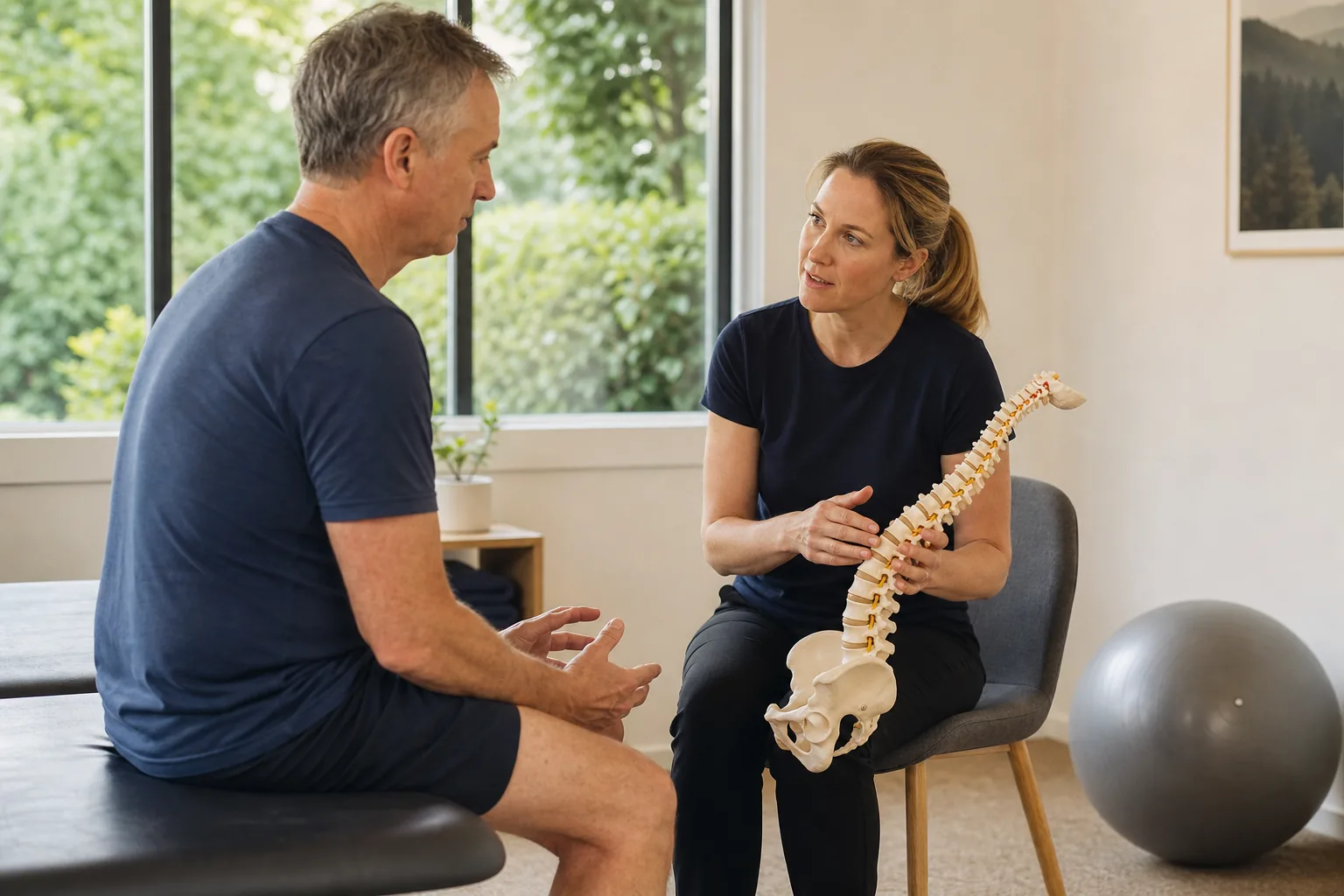 Musculoskeletal Physiotherapy Consultation in Surrey Man discussing persistent lower-back stiffness with a physiotherapist in Surrey