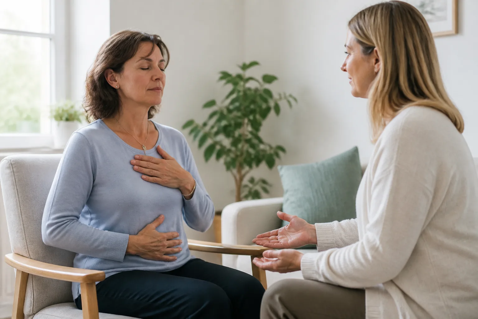 Psych-K Mind-Body and Nervous System Regulation Woman practising calm breathing with a wellbeing practitioner during a Psych-K session