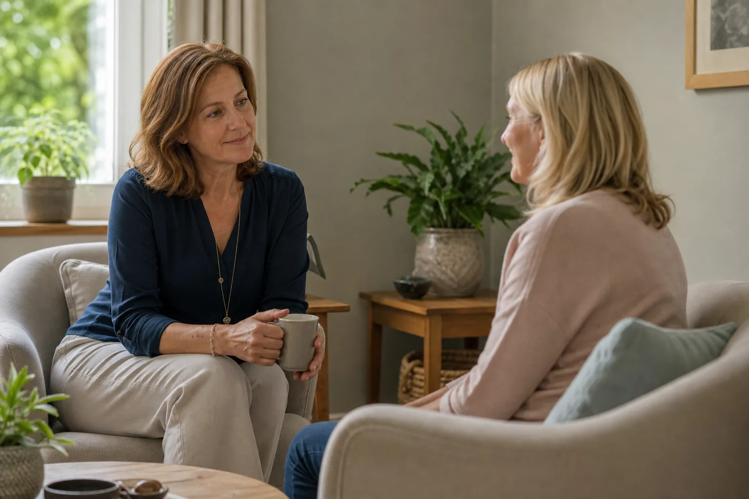 PSYCH-K® Practitioner Rapport and Support in Surrey Midlife woman having a calm collaborative conversation with a female PSYCH-K practitioner