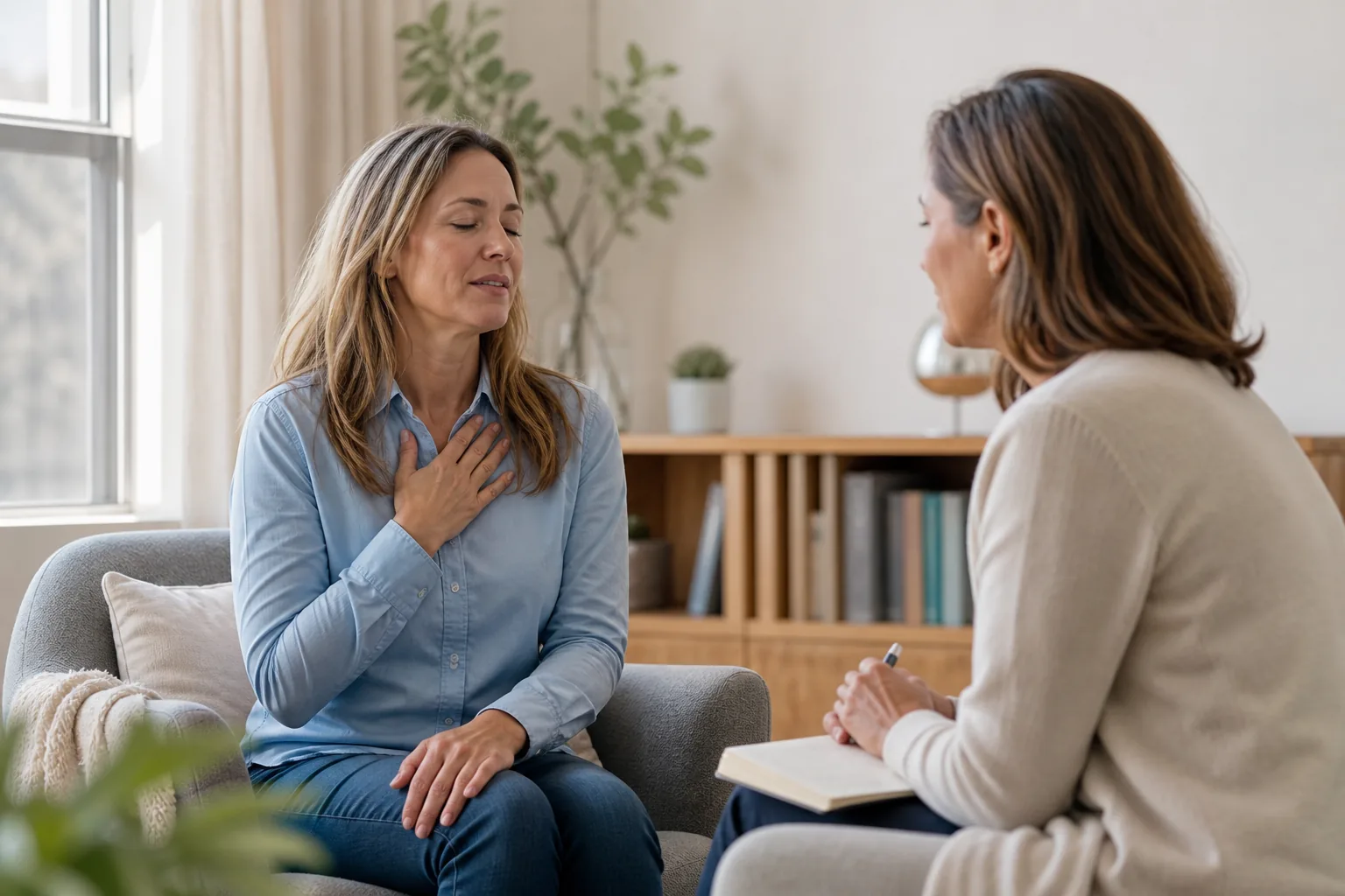 Psych-K Stress Response Awareness Session Woman noticing and settling a physical stress response during a supportive Psych-K session
