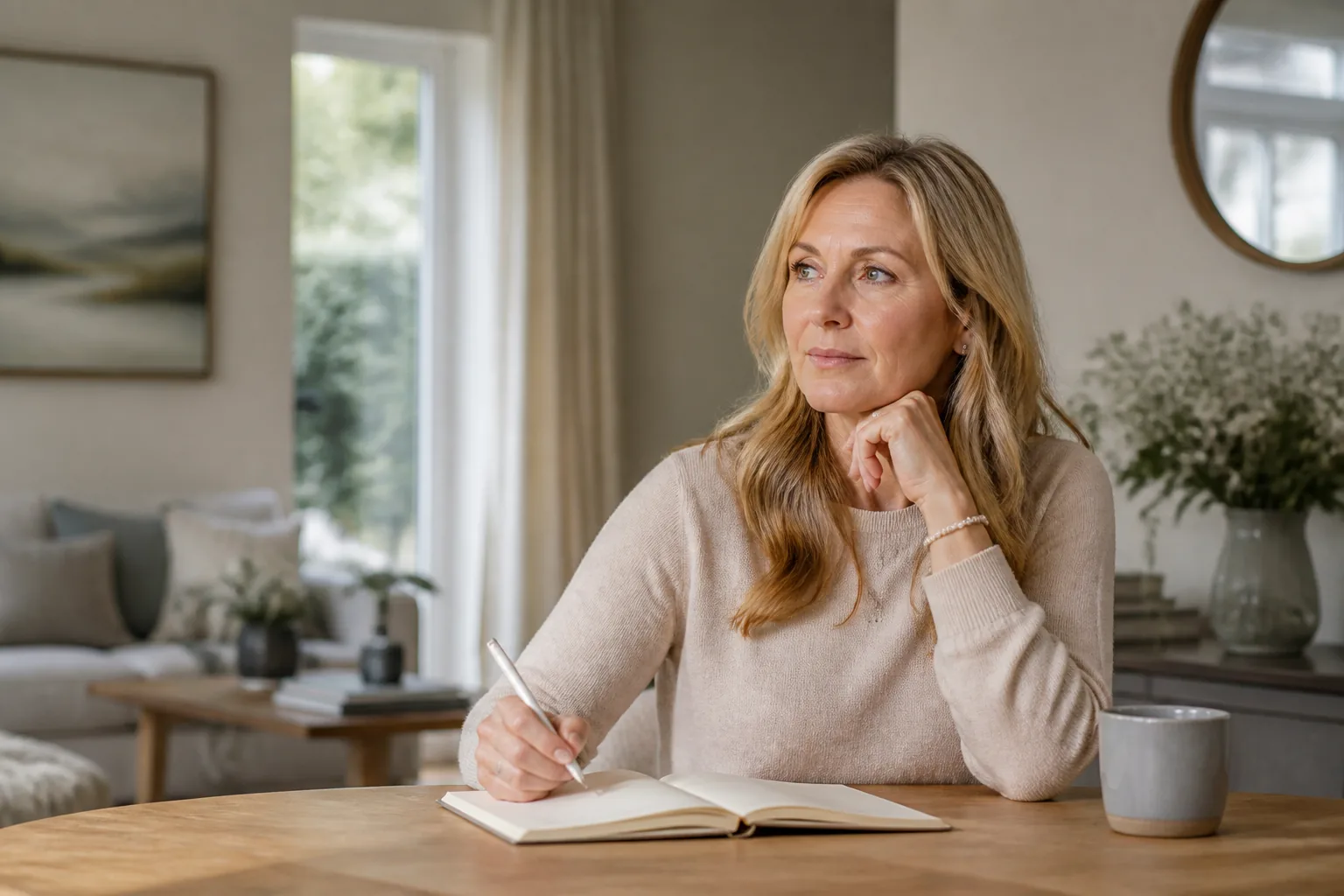 Psych-K and Subconscious Belief Reflection in Surrey Woman reflecting in a journal on subconscious belief patterns at home
